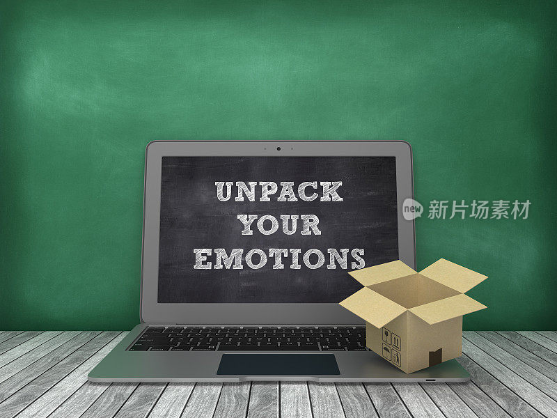 与打开你的情绪短语和纸板盒在黑板背景上的笔记本电脑- 3D渲染